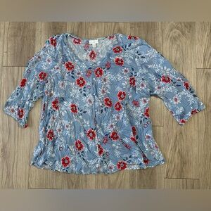 J. Jill Blouse Button Down, Red/Blue Floral Design, 2X